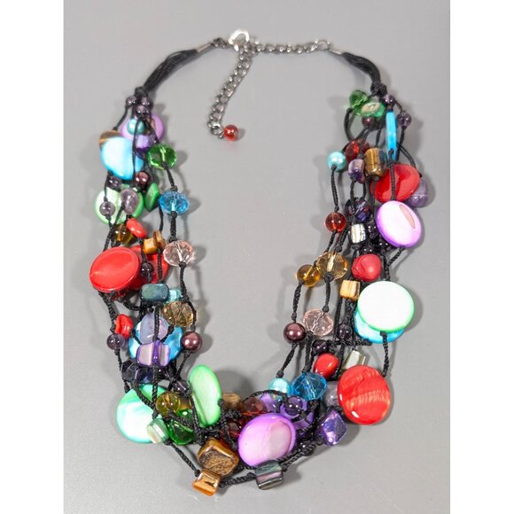 Premier Designs Spectrum Necklace Multi COlor Shell Glass Cord Beachy Boho 23" - Picture 2 of 10